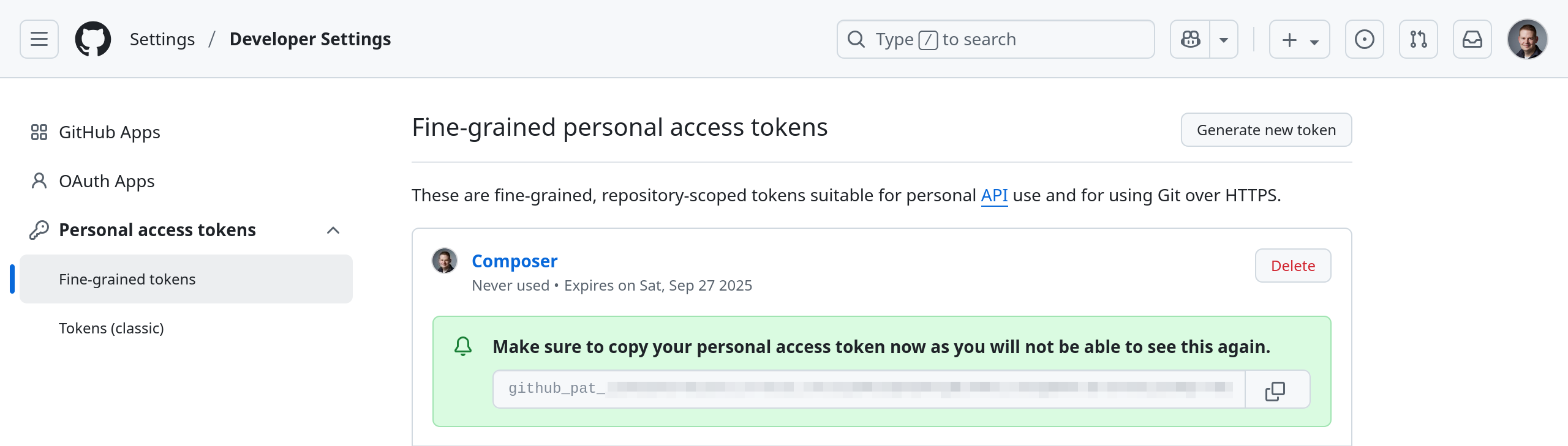 The generated personal access token