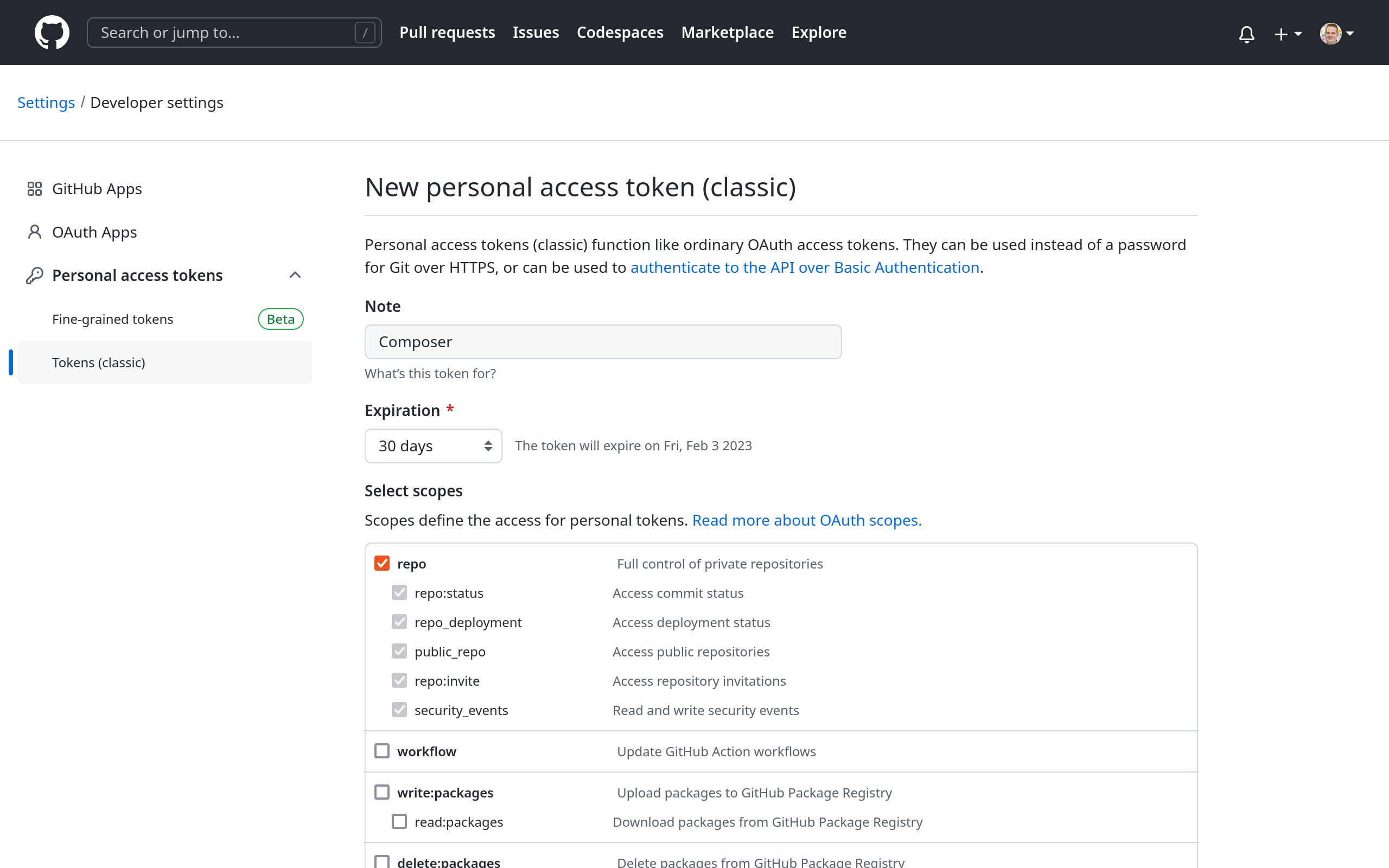 Generating a classic personal access token in GitHub