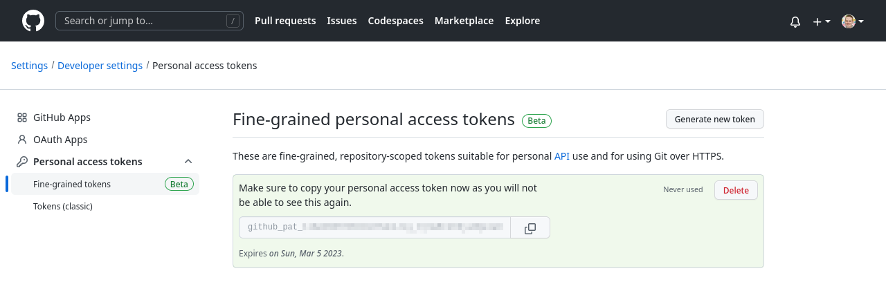 The generated personal access token